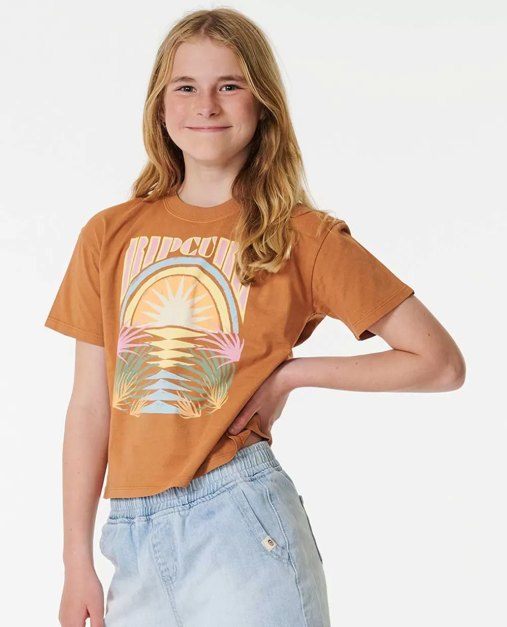 Rip Curl VESTUARIOPARARAPARIGA | Tops e t-shirts>T-shirt De Manga Curta Glow Heritage Crop Para Rapariga Light Brown